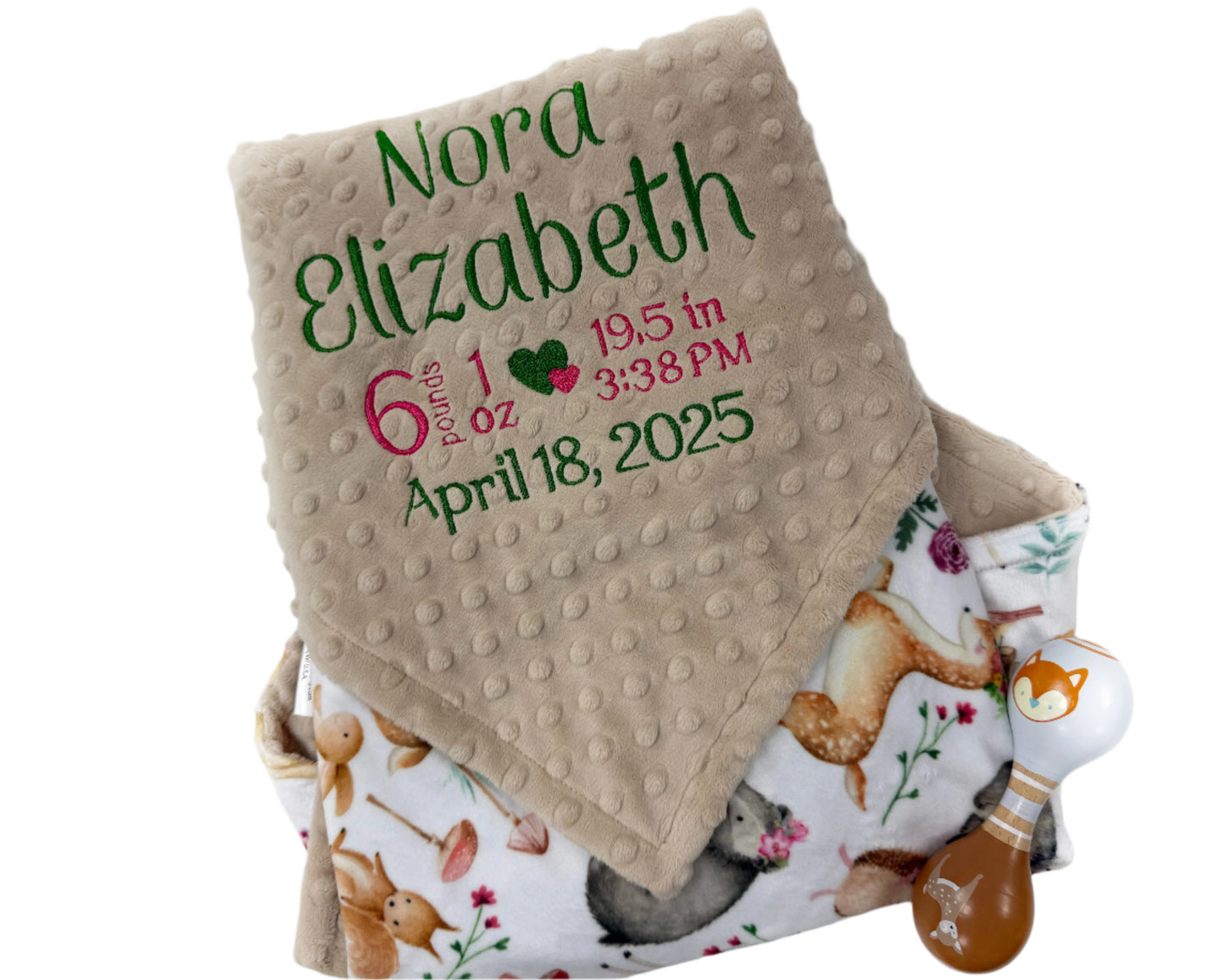 Personalized Baby Blanket in Tan with Woodland Animal Print, Birth Stats