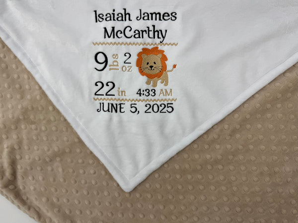 Personalized Baby Blanket, Tan and White Minky, Birth Stats Design, Lion Nursery Theme, Gift for Baby, Latte Blanket