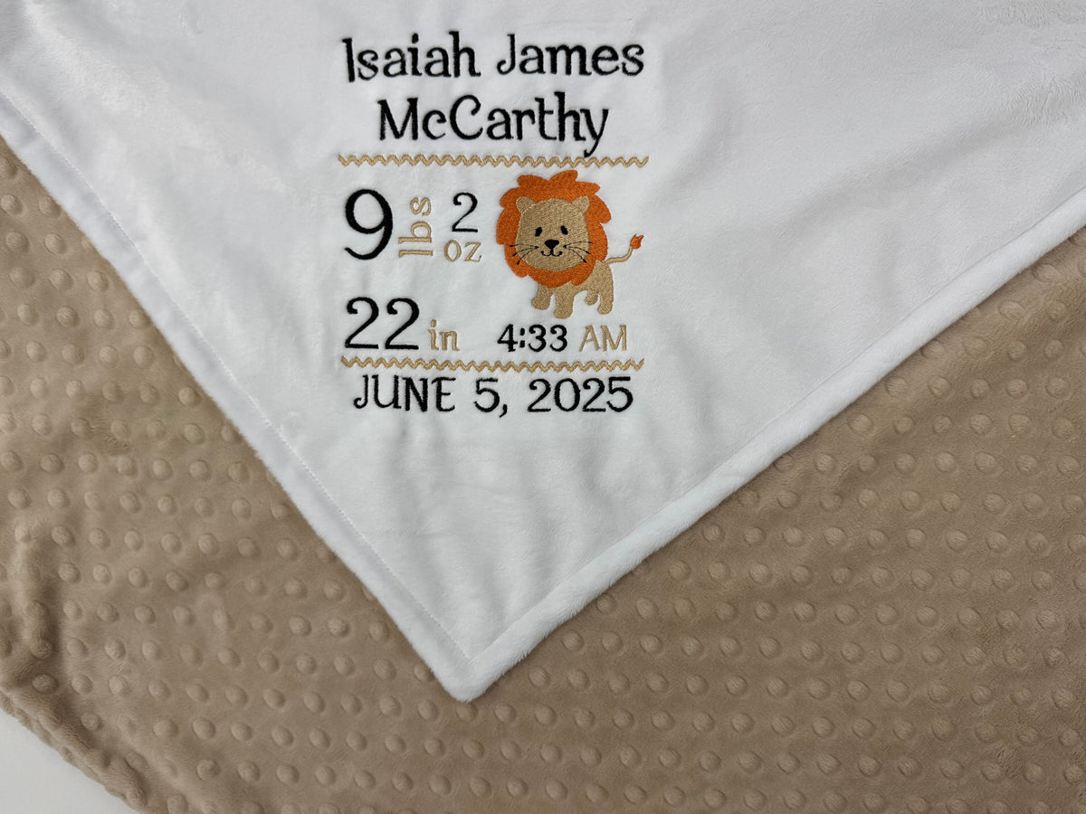 Personalized Baby Blanket, Tan and White Minky, Birth Stats Design, Lion Nursery Theme, Gift for Baby, Latte Blanket