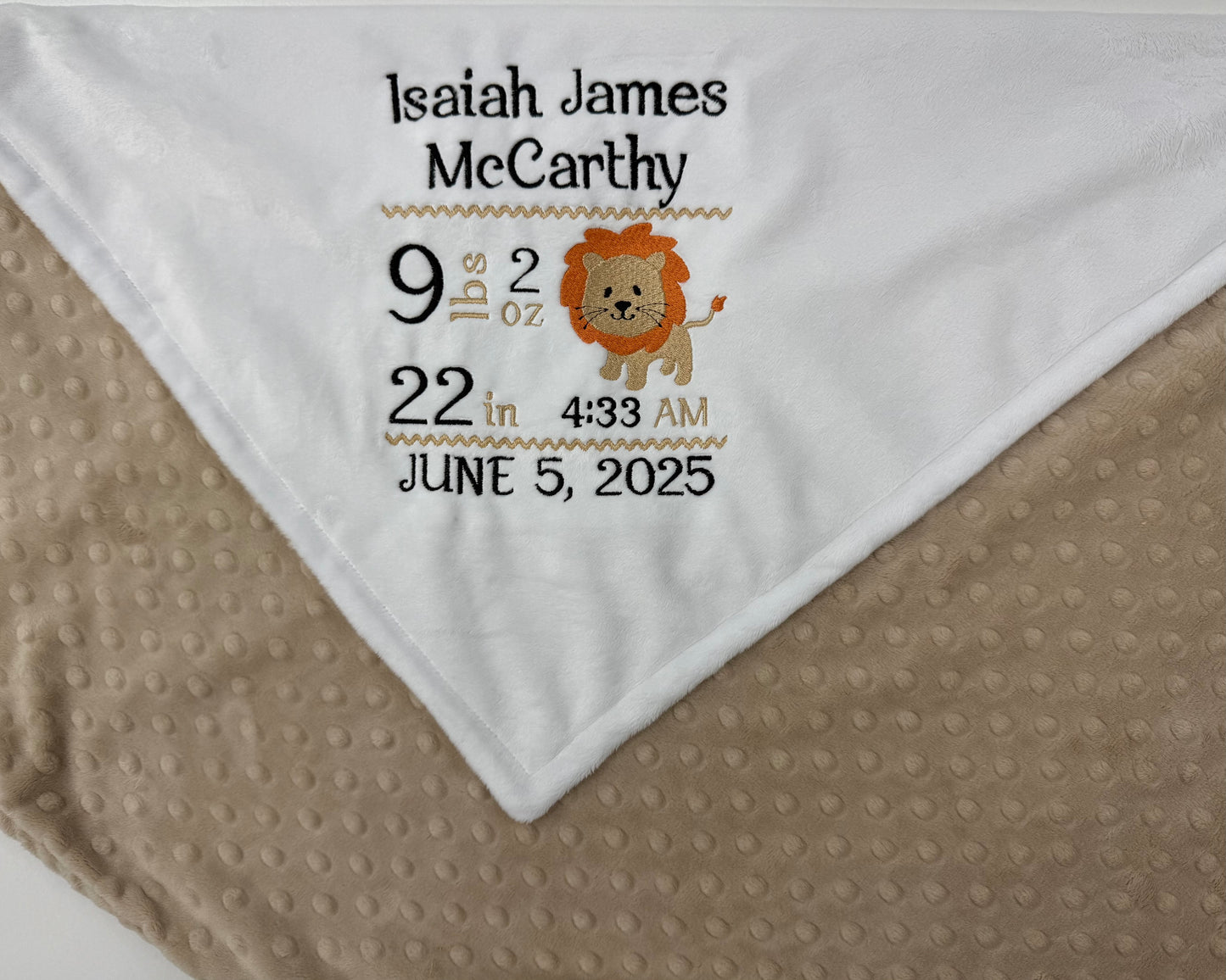 Personalized Baby Blanket, Tan and White Minky, Birth Stats Design, Lion Nursery Theme, Gift for Baby, Latte Blanket