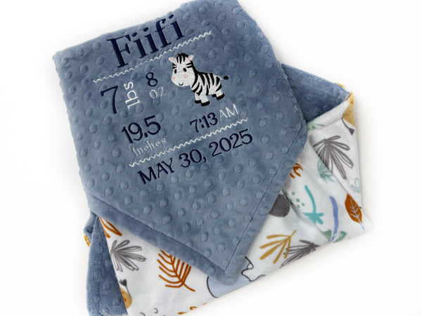 Personalized Baby Blanket, Denim Blue Minky, Safari Animals Nursery,  Birth Stats and Zebra