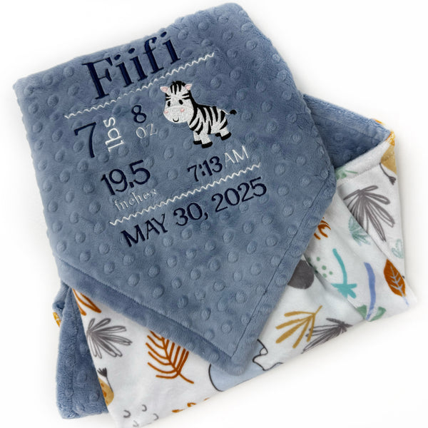 Personalized Baby Blanket, Denim Blue Minky, Safari Animals Nursery,  Birth Stats and Zebra