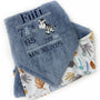 Blue baby blanket with personalized text and zebra design on a white background