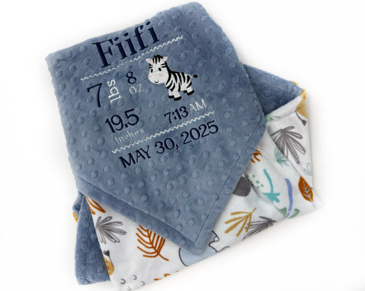 Personalized Baby Blanket, Denim Blue Minky, Safari Animals Nursery,  Birth Stats and Zebra