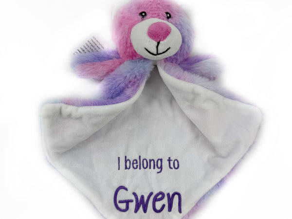 Personalized Tie Dyed Teddy Bear Lovey, Pink and Purple with Baby's Name, First Birthday Gift