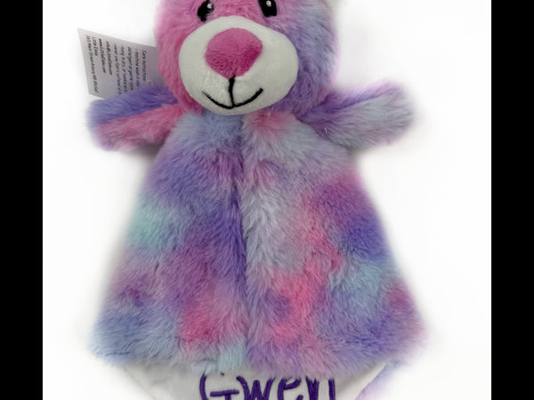 Personalized Tie Dyed Teddy Bear Lovey, Pink and Purple with Baby's Name, First Birthday Gift
