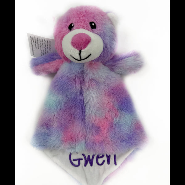 Personalized Tie Dyed Teddy Bear Lovey, Pink and Purple with Baby's Name, First Birthday Gift