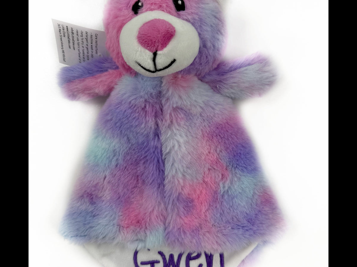 Personalized Tie Dyed Teddy Bear Lovey, Pink and Purple with Baby's Name, First Birthday Gift