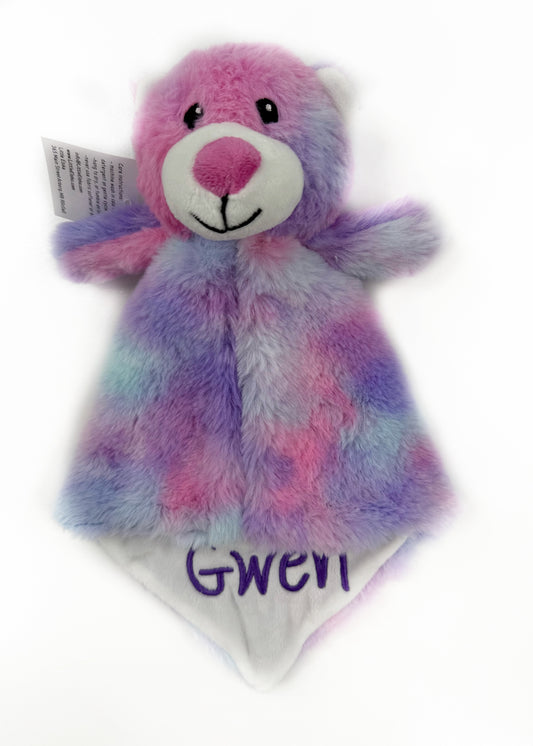 Personalized Tie Dyed Teddy Bear Lovey, Pink and Purple with Baby's Name, First Birthday Gift