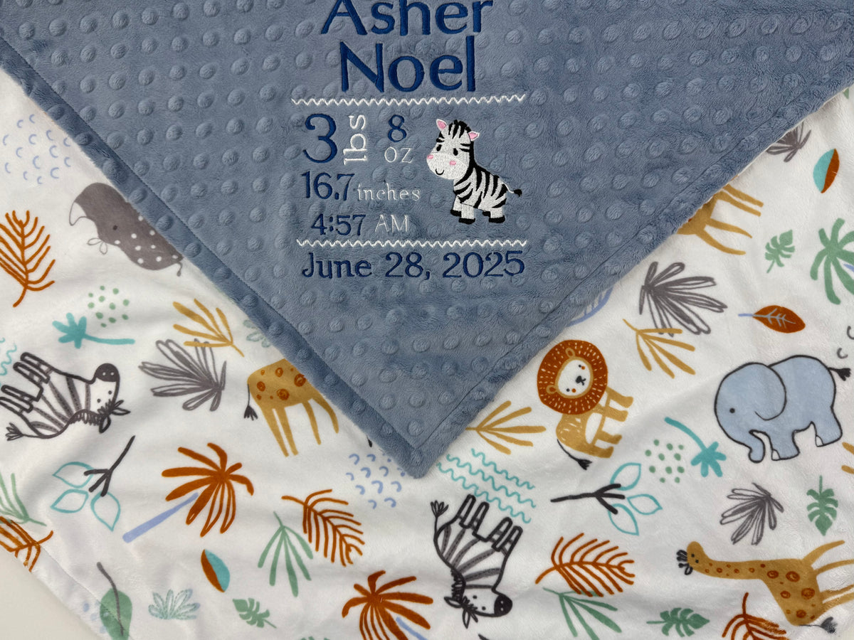 Personalized Baby Blanket, Denim Blue Minky, Safari Animals Nursery,  Birth Stats and Zebra
