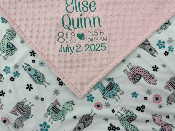 Pink Baby Blanket with Embroidered Birth Stats, Pink and Teal Llama Minky, Gift for Baby Girl