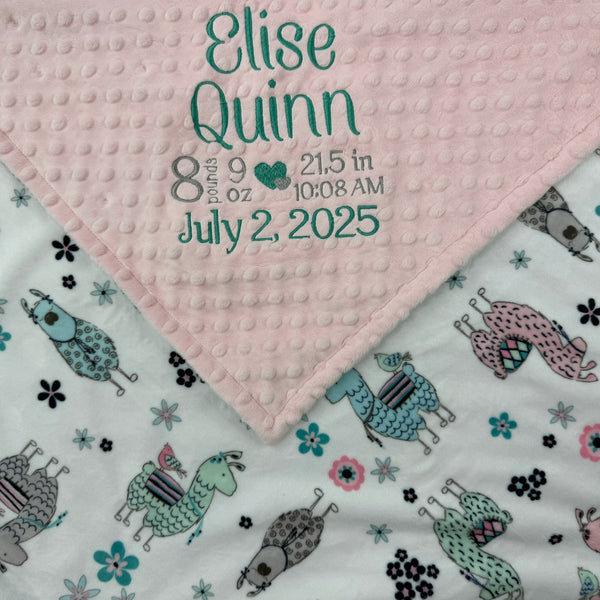 Pink Baby Blanket with Embroidered Birth Stats, Pink and Teal Llama Minky, Gift for Baby Girl