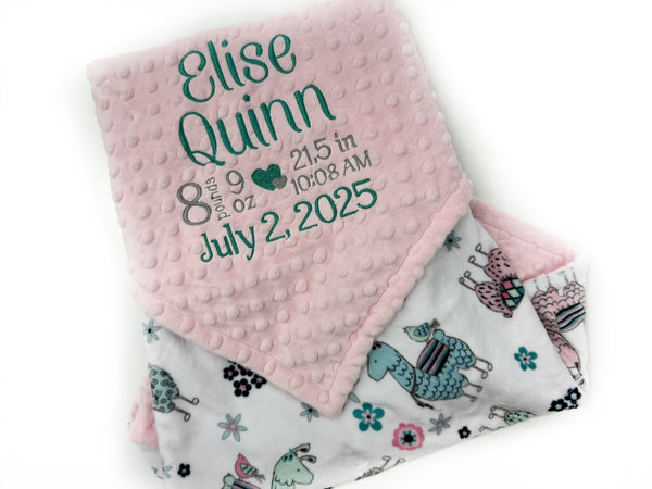 Baby blanket with personalized text and pink minky, featuring llama animals 