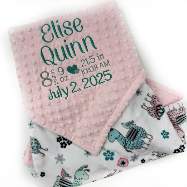 Baby blanket with personalized text and pink minky, featuring llama animals 
