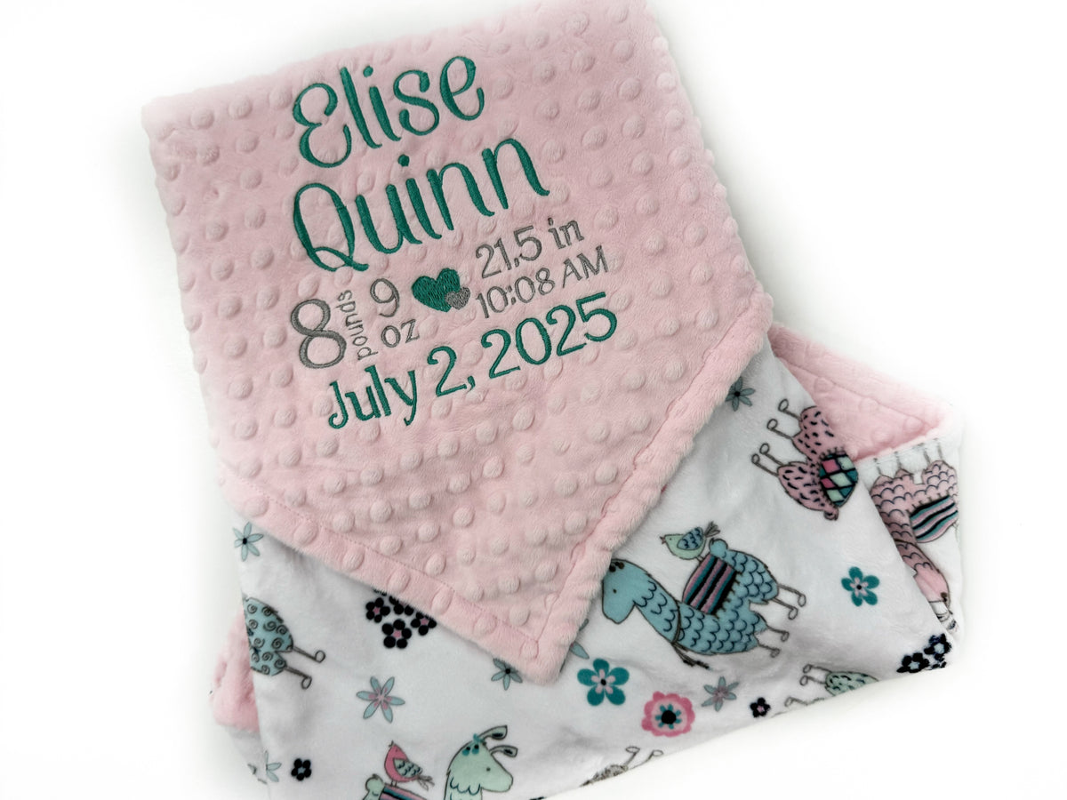 Baby blanket with personalized text and pink minky, featuring llama animals 
