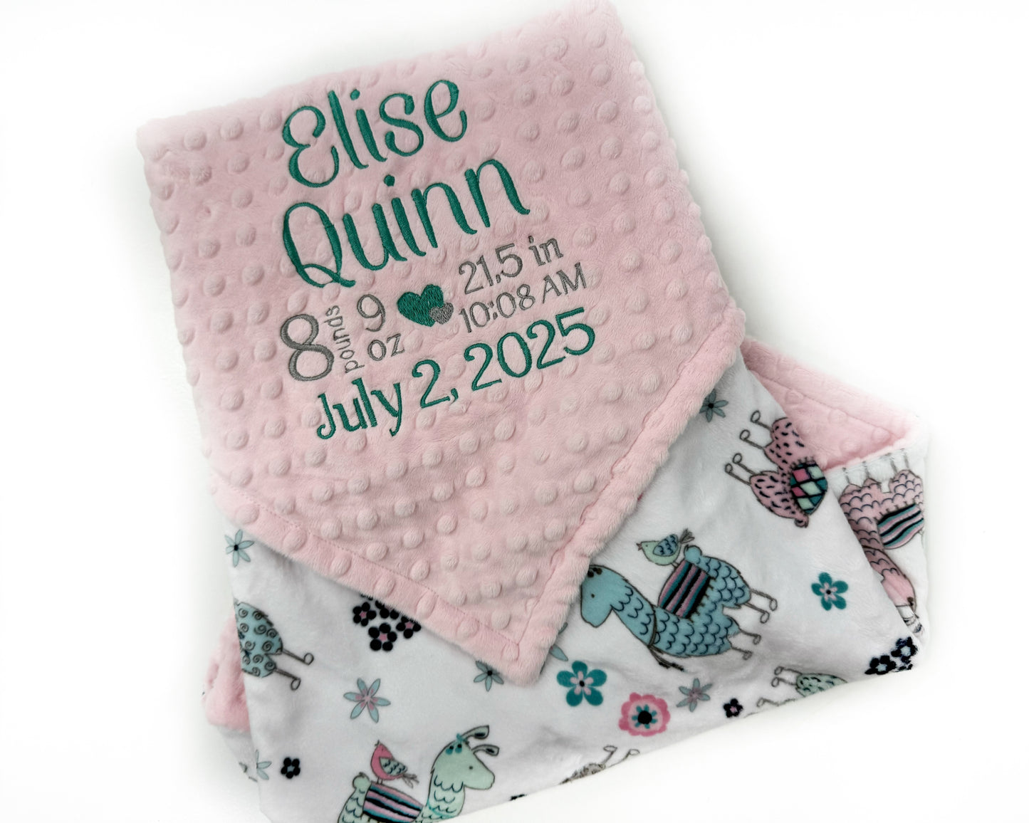 Pink Baby Blanket with Embroidered Birth Stats, Pink and Teal Llama Minky, Keepsake Gift for Baby Girl