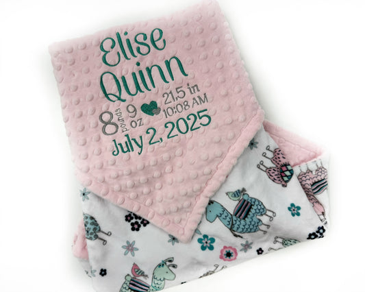 Pink Baby Blanket with Embroidered Birth Stats, Pink and Teal Llama Minky, Keepsake Gift for Baby Girl