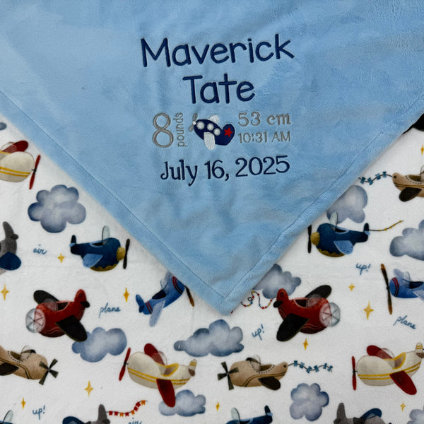 Personalized Minky Blanket, Light Blue Airplane Print, Embroidered Birth Stats, Keepsake Gift