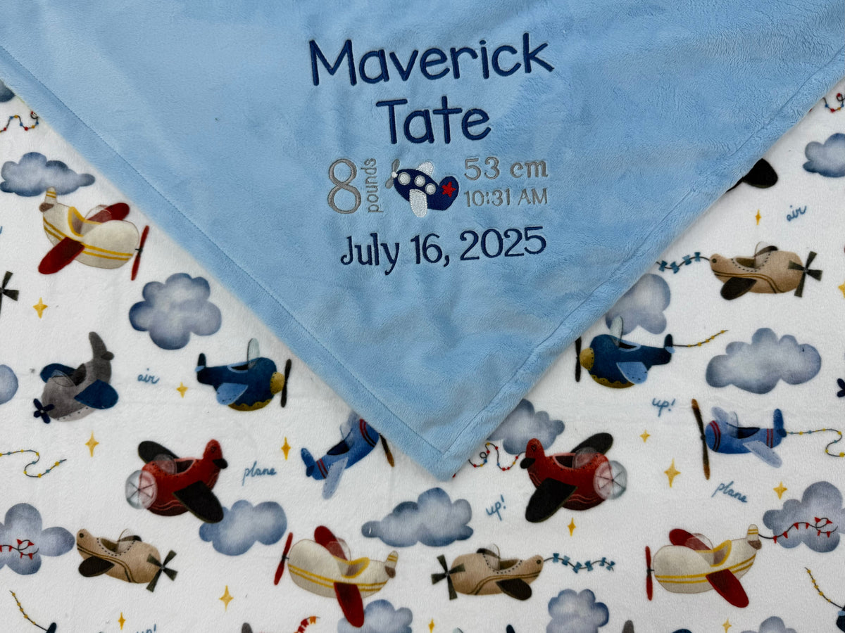 Personalized Minky Blanket, Light Blue Airplane Print, Embroidered Birth Stats, Keepsake Gift