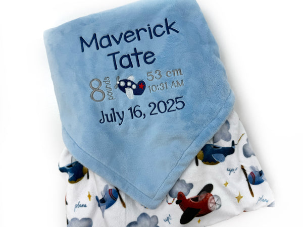 Personalized Minky Blanket, Light Blue Airplane Print, Embroidered Birth Stats, Keepsake Gift