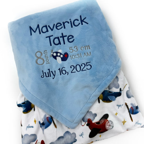 Personalized Minky Blanket, Light Blue Airplane Print, Embroidered Birth Stats, Keepsake Gift