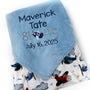 Personalized Minky Blanket, Light Blue Airplane Print, Embroidered Birth Stats, Keepsake Gift