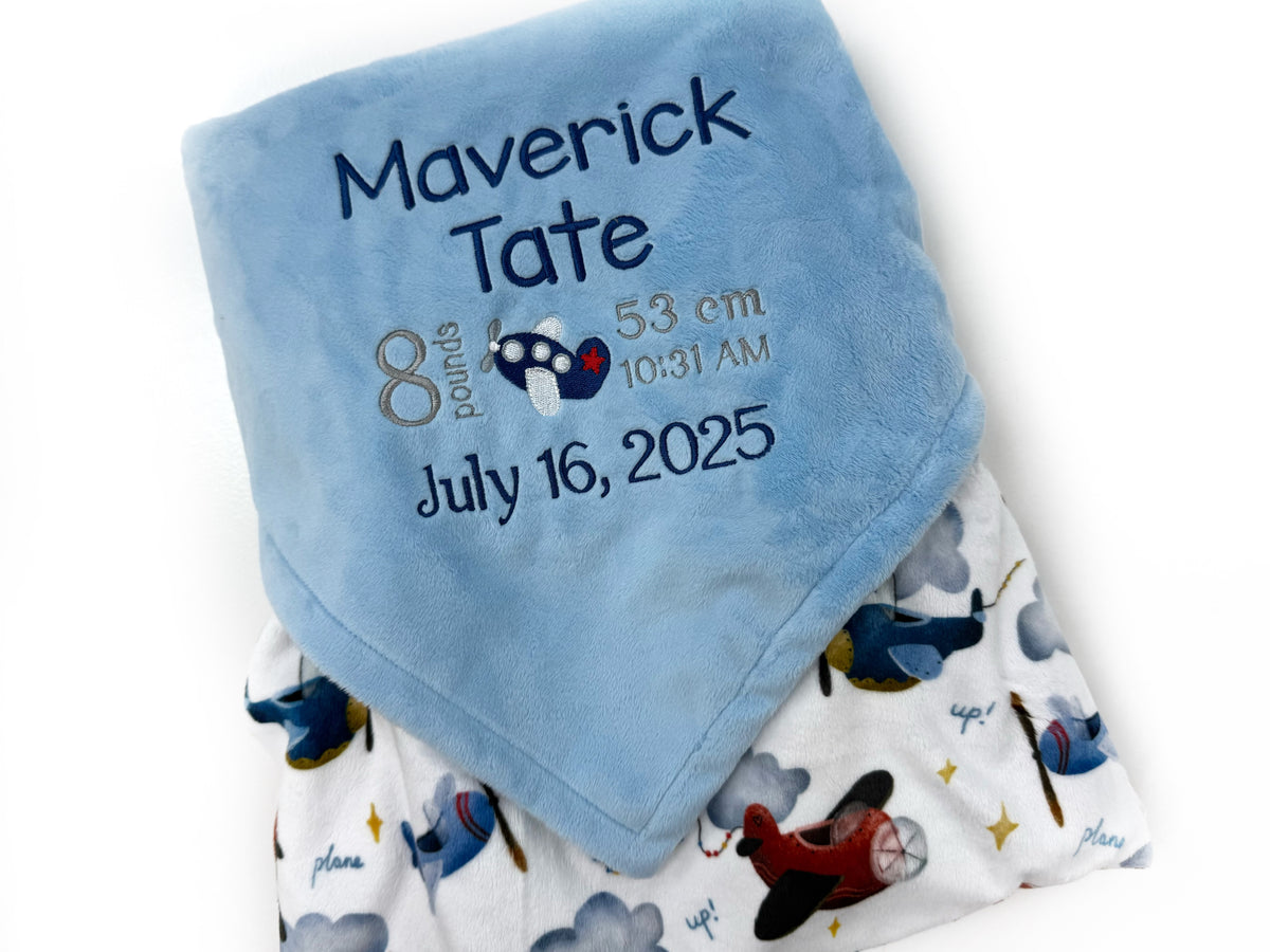 Personalized Minky Blanket, Light Blue Airplane Print, Embroidered Birth Stats, Keepsake Gift