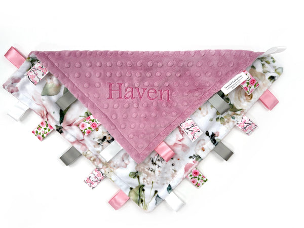 Personalized Lovey in Pink Floral Minky, Sensory Tag Blanket