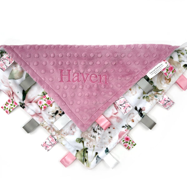 Personalized Lovey in Pink Floral Minky, Sensory Tag Blanket