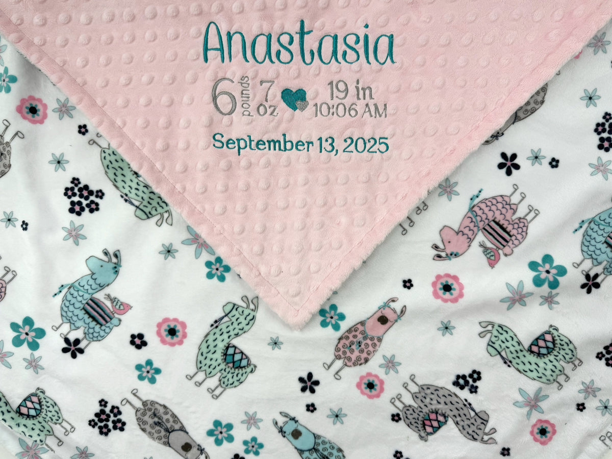 Pink Baby Blanket with Embroidered Birth Stats, Pink and Teal Llama Minky, Gift for Baby Girl