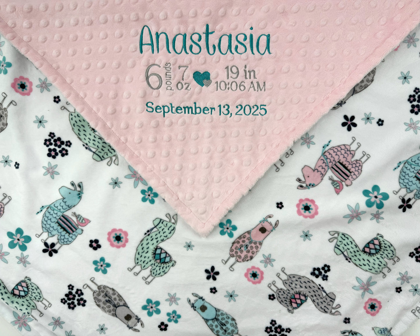 Pink Baby Blanket with Embroidered Birth Stats, Pink and Teal Llama Minky, Keepsake Gift for Baby Girl