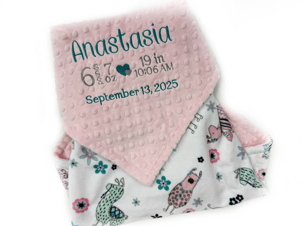 Pink Baby Blanket with Embroidered Birth Stats, Pink and Teal Llama Minky, Gift for Baby Girl