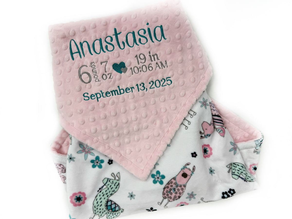 Pink Baby Blanket with Embroidered Birth Stats, Pink and Teal Llama Minky, Gift for Baby Girl