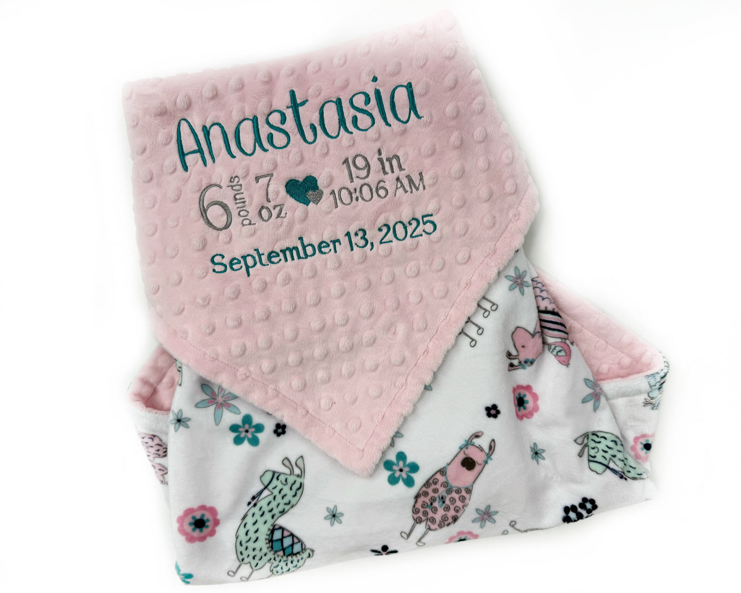 Pink Baby Blanket with Embroidered Birth Stats, Pink and Teal Llama Minky, Keepsake Gift for Baby Girl