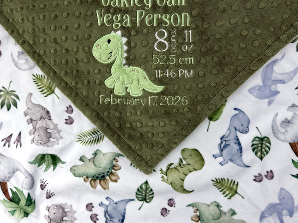 Baby blanket with dinosaur pattern and personalized text