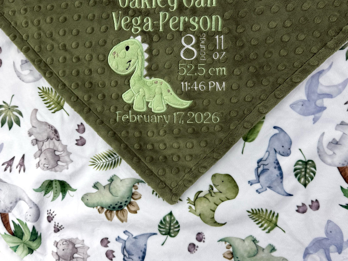 Baby blanket with dinosaur pattern and personalized text