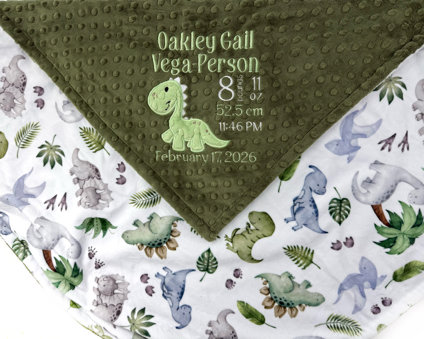 Personalized Baby Blanket, Hunter Green with Dinosaur Applique and Birth Stats,  Keepsake Gift