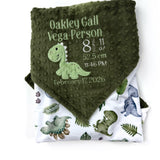 Baby blanket with dinosaur pattern and personalized text on a white background