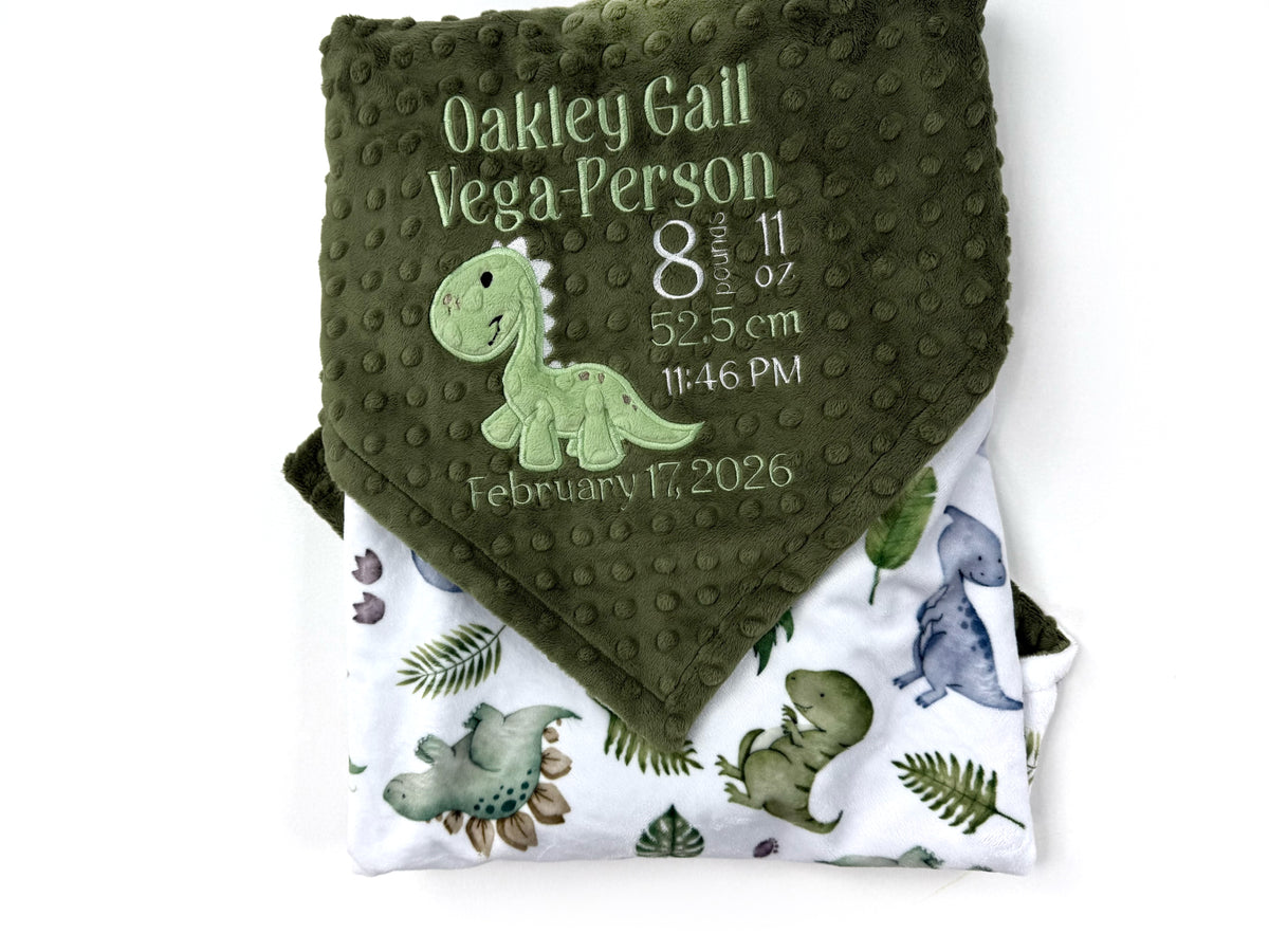 Baby blanket with dinosaur pattern and personalized text on a white background