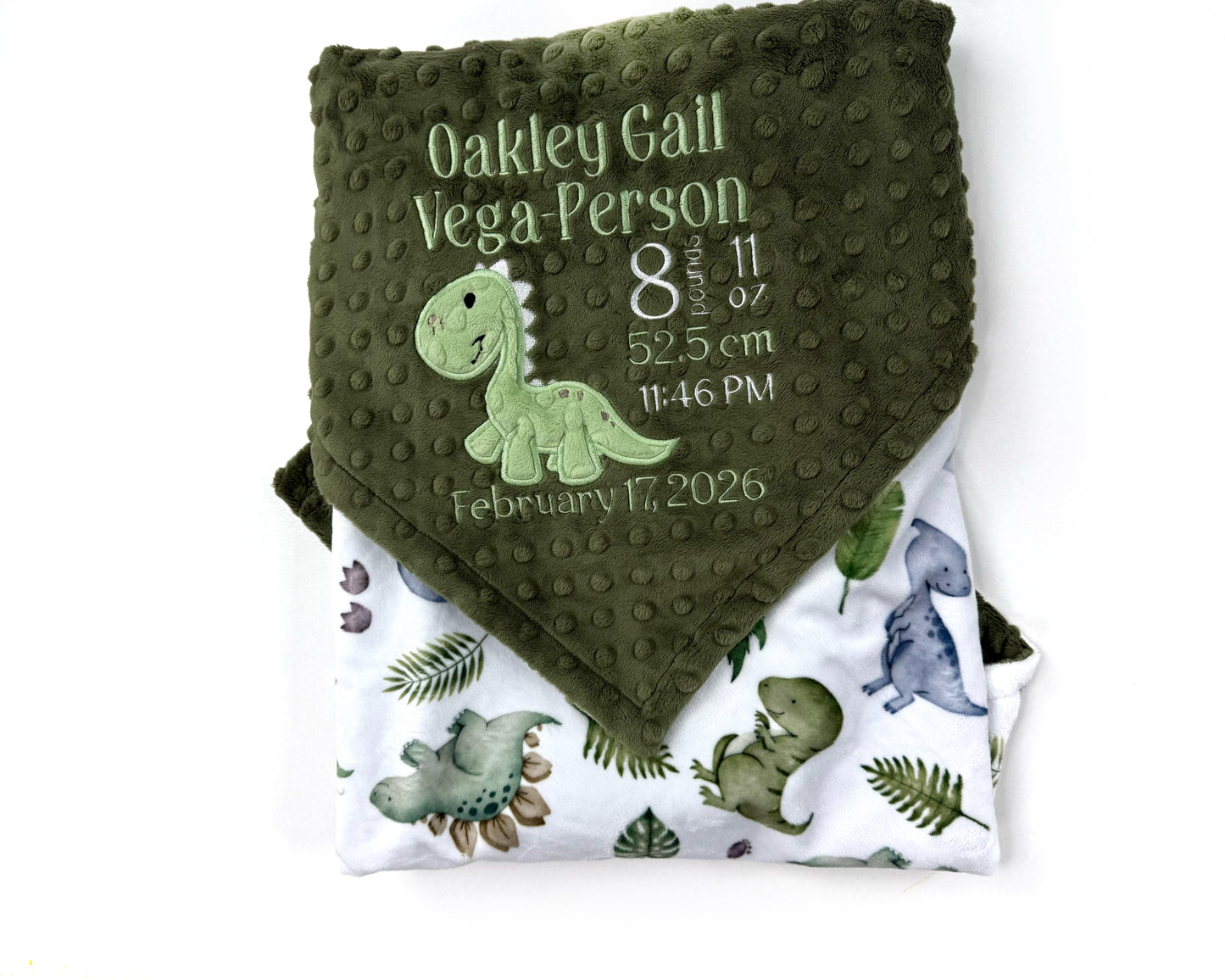 Personalized Baby Blanket, Hunter Green with Dinosaur Applique and Birth Stats,  Keepsake Gift