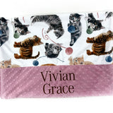 Minky pillowcase with  kitty print and 'Vivian Grace' embroidered on a dusty pink border