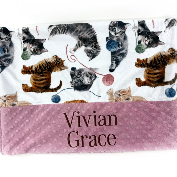 Minky pillowcase with  kitty print and 'Vivian Grace' embroidered on a dusty pink border