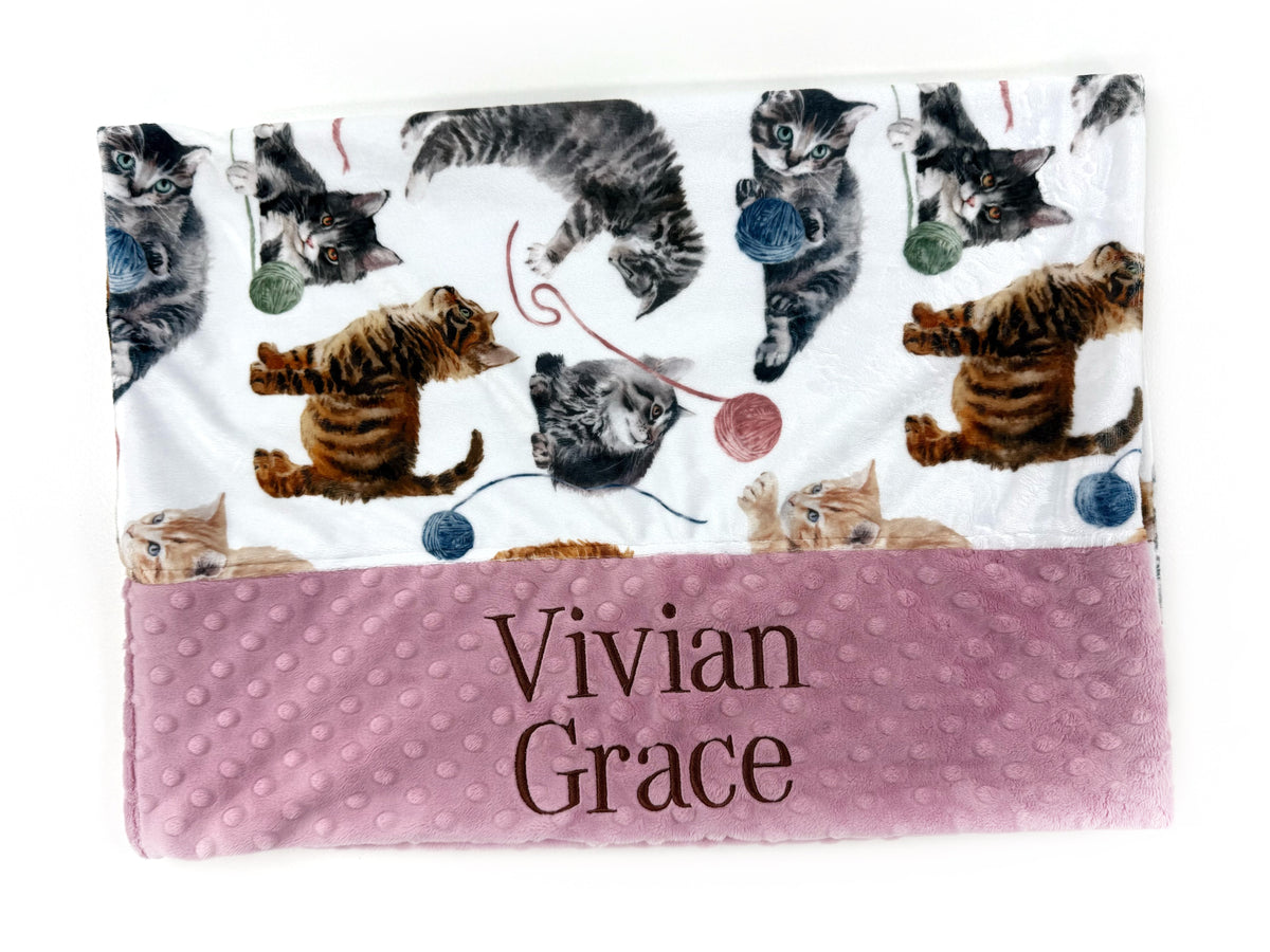 Minky pillowcase with  kitty print and 'Vivian Grace' embroidered on a dusty pink border