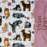 Minky Pillowcase with cat pattern and 'Vivian Grace' embroidered on a dusty pink background