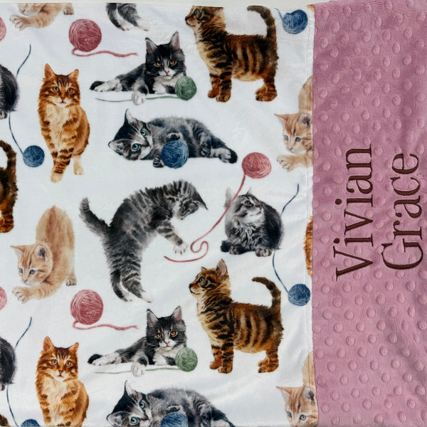 Minky Pillowcase with cat pattern and 'Vivian Grace' embroidered on a dusty pink background