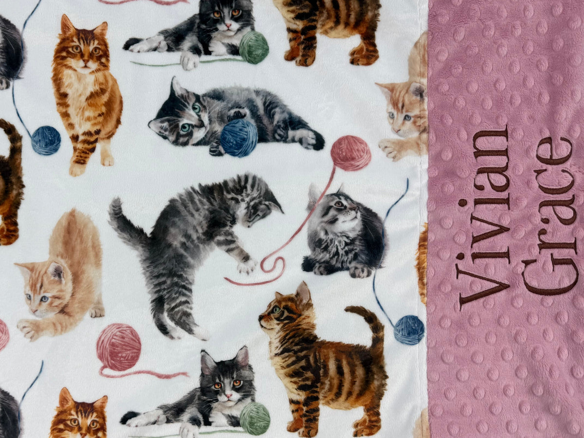 Minky Pillowcase with cat pattern and 'Vivian Grace' embroidered on a dusty pink background