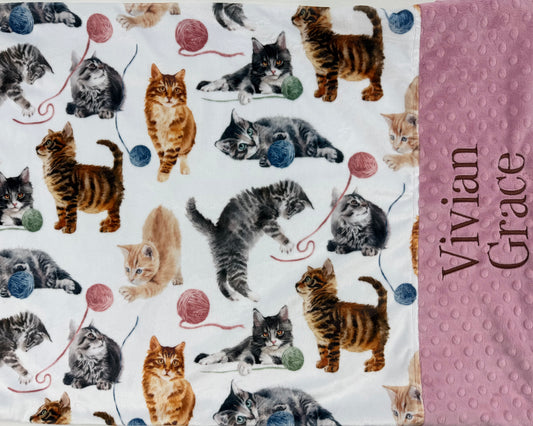 Personalized Minky Pillowcase, Kitten Print and Pink Pillowcase, Personalized Gift for Girls