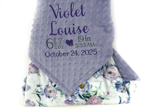 Personalized Baby Blanket in Lavender Floral Minky with Name or Birth Stats, Newborn Baby Gift