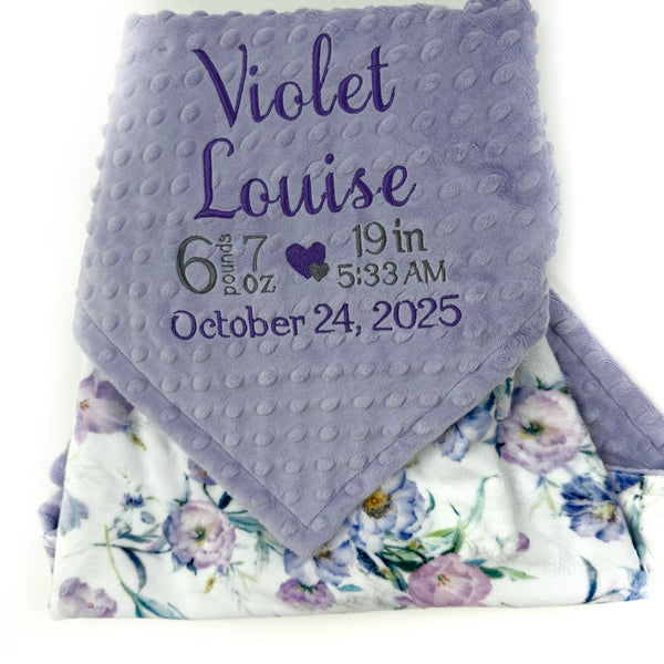 Personalized Baby Blanket in Lavender Floral Minky with Name or Birth Stats, Newborn Baby Gift