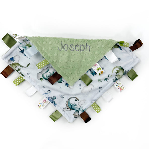 Personalized Lovey, Minky Tag Blanket, Green Dragon Tag Lovey with Sensory Ribbon Tags